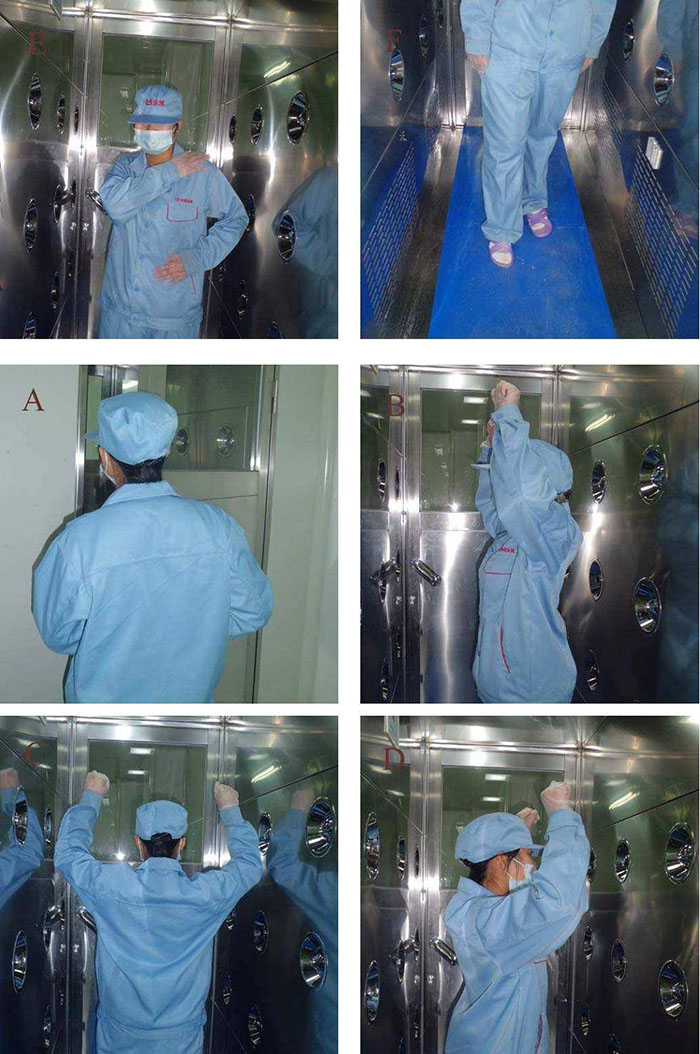 進入風淋室前無塵服應穿著得當，袖口和領口需拉緊，避免衣物內外的塵埃進入。